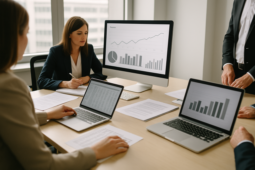 Reunión de trabajo con ordenadores y gráficos financieros que ilustran el servicio de CFO externo de Aranguren para startups y empresas.
