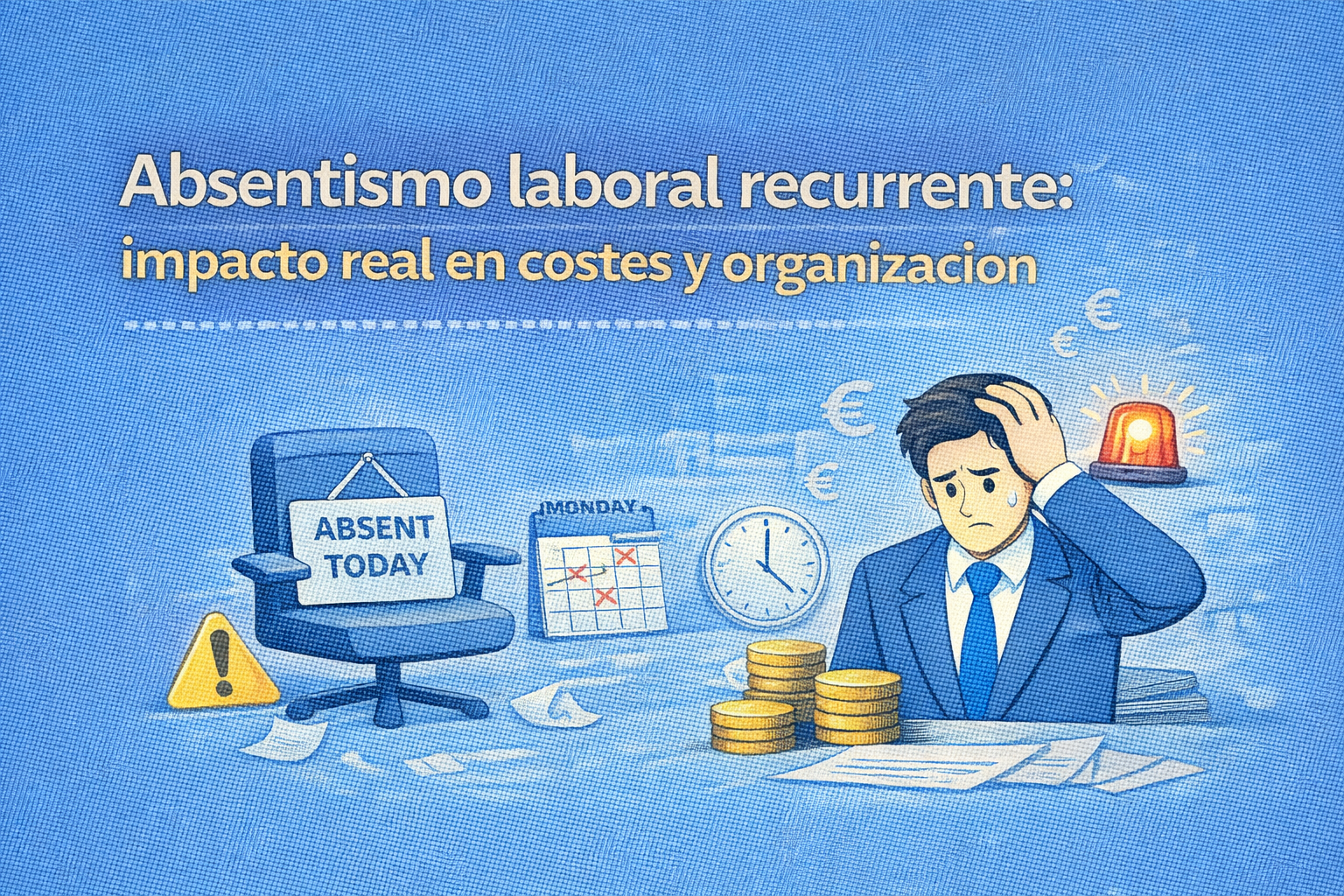 Ilustración vectorial sobre absentismo laboral recurrente en una empresa, mostrando su impacto en costes y desorganización interna.