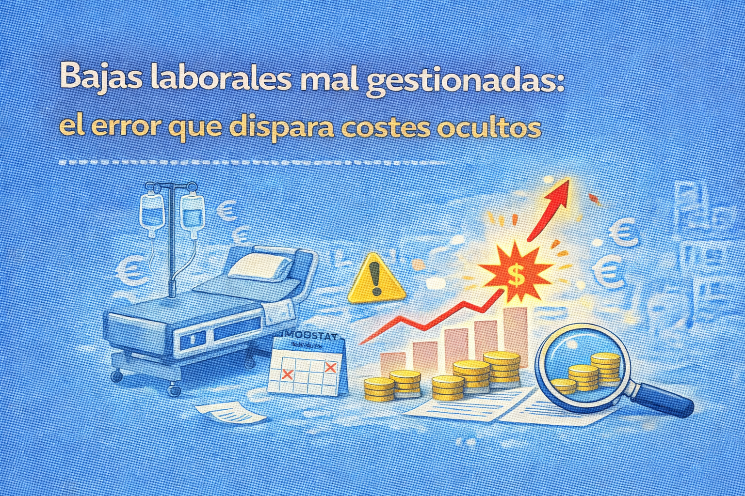 Ilustración vectorial sobre bajas laborales mal gestionadas, mostrando impacto económico, alertas y aumento de costes en la empresa.