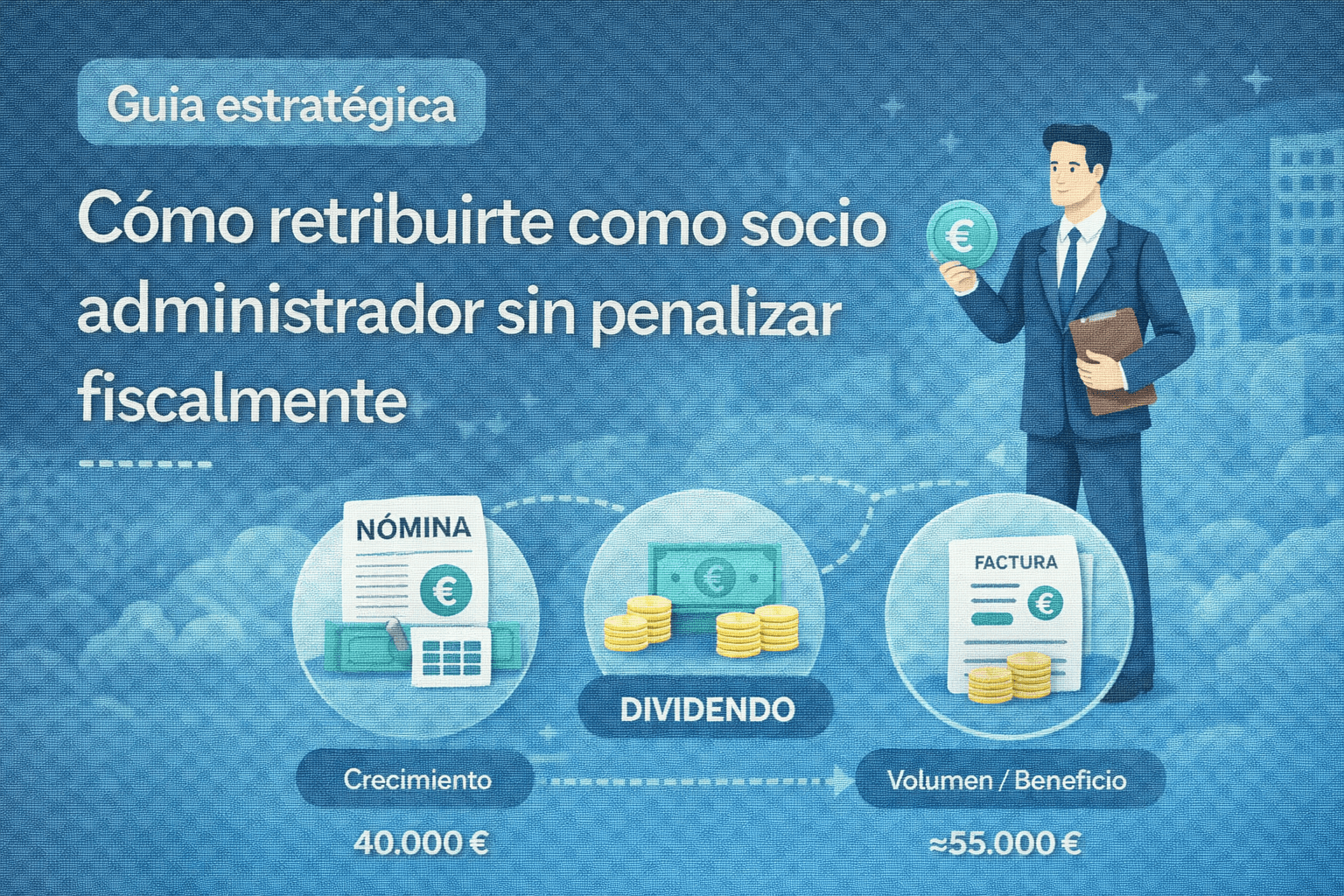 Ilustración vectorial sobre la retribución del socio administrador mediante nómina, dividendos o facturación, representando una planificación fiscal eficiente.