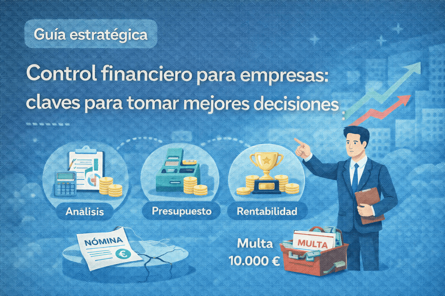 Ilustración vectorial sobre control financiero empresarial con iconos de análisis, presupuesto y rentabilidad en un entorno corporativo.