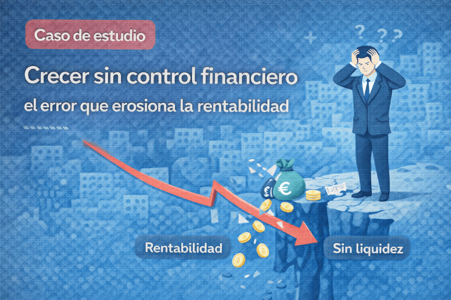 Ilustración vectorial de una empresa que crece sin control financiero, con caída de rentabilidad y falta de liquidez por mala gestión.