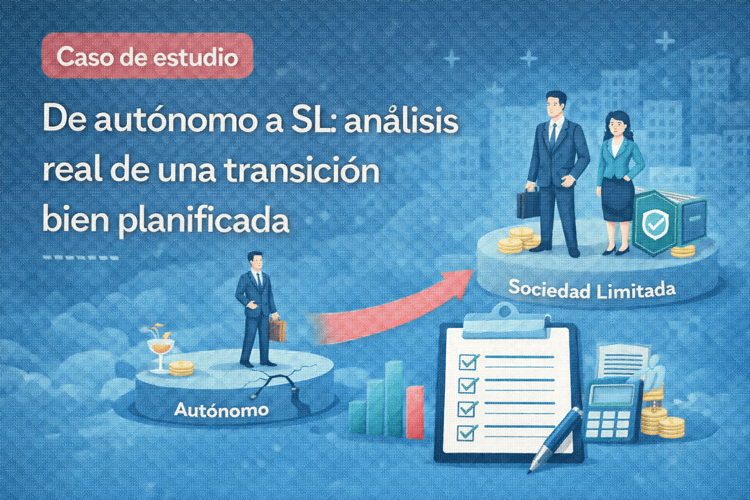 Ilustración vectorial de un caso de estudio sobre el paso de autónomo a sociedad limitada, con planificación, crecimiento y estabilidad empresarial.