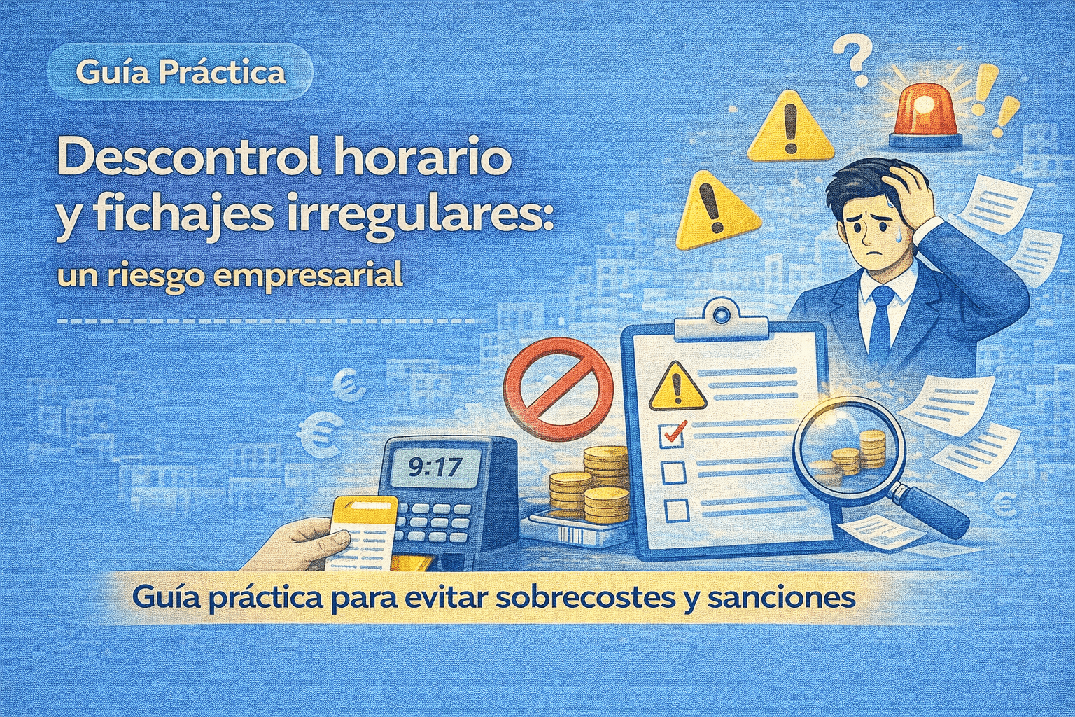 Ilustración vectorial sobre descontrol horario y fichajes irregulares en una empresa, mostrando riesgos laborales, sanciones y sobrecostes.