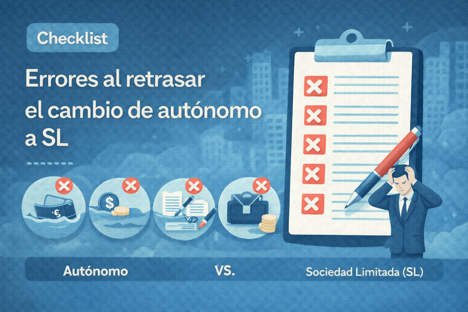 Ilustración vectorial tipo checklist con errores por retrasar el cambio de autónomo a sociedad limitada, representando pérdidas fiscales y frenos al crecimiento.