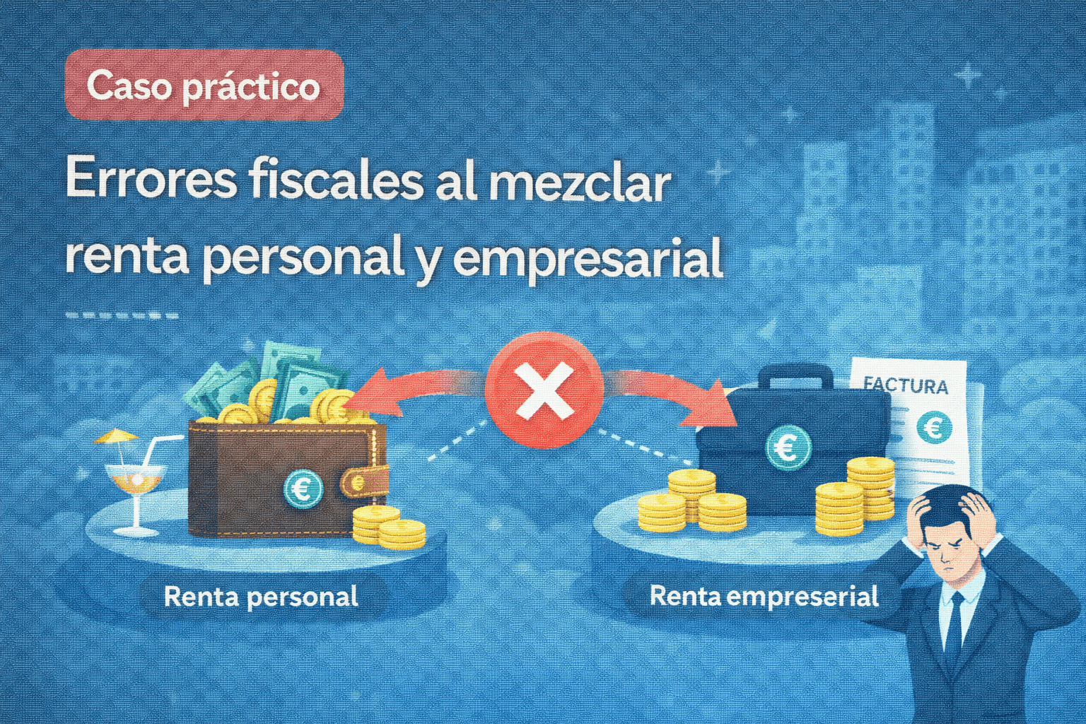 Ilustración vectorial que muestra la confusión entre renta personal y renta empresarial, con símbolos de error fiscal y riesgo económico.