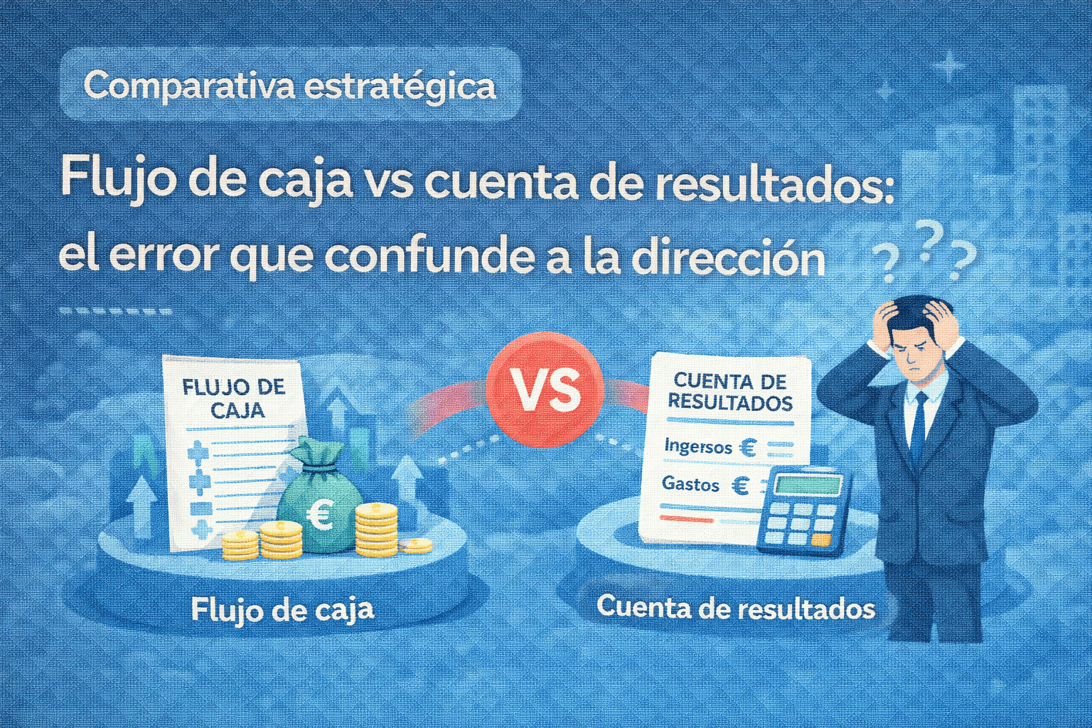 Ilustración vectorial comparativa entre flujo de caja y cuenta de resultados, mostrando el error habitual que confunde a la dirección empresarial.