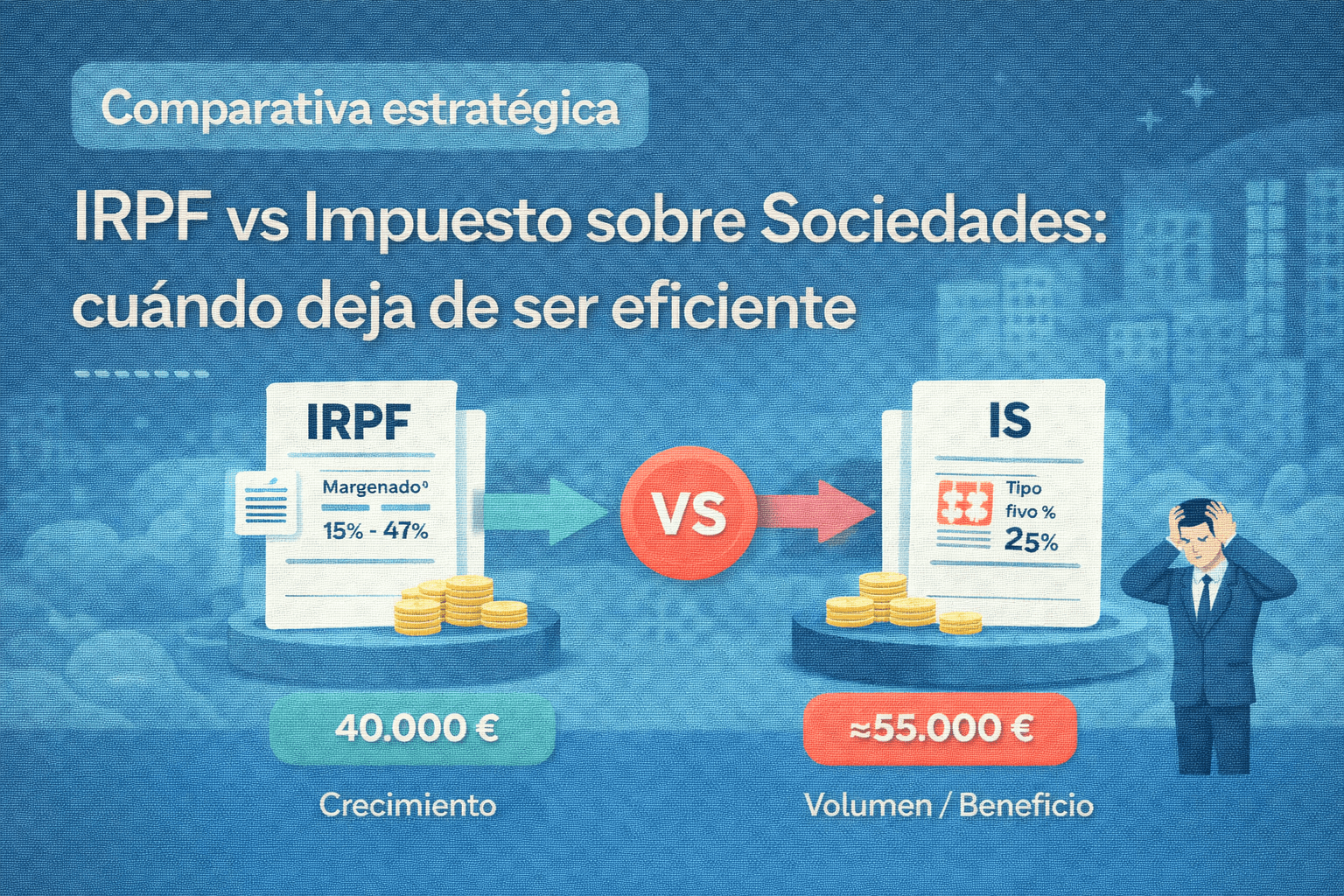 Ilustración vectorial comparativa entre IRPF e Impuesto sobre Sociedades que muestra el umbral a partir del cual conviene tributar mediante sociedad.