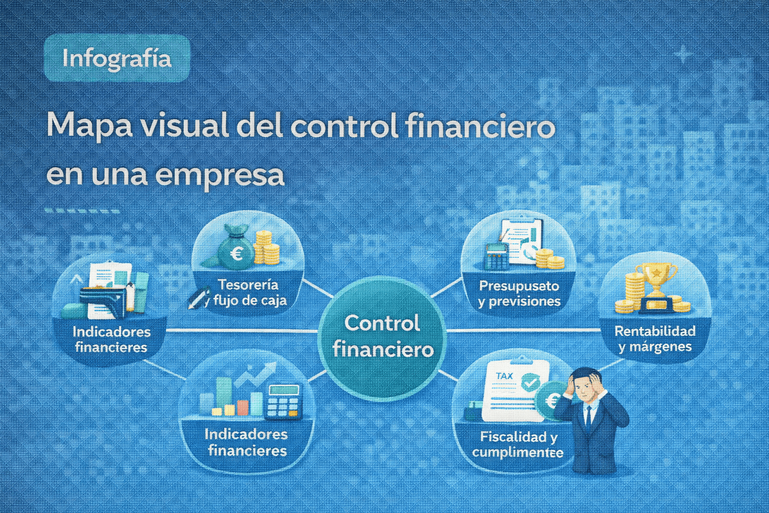 Infografía vectorial que representa un mapa visual del control financiero en una empresa, con tesorería, presupuesto, rentabilidad y fiscalidad.
