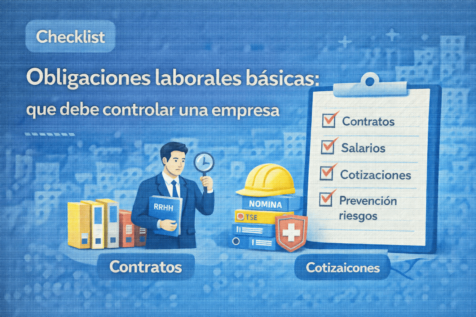Ilustración vectorial tipo checklist con las obligaciones laborales básicas de una empresa, como contratos, salarios, cotizaciones y prevención de riesgos.