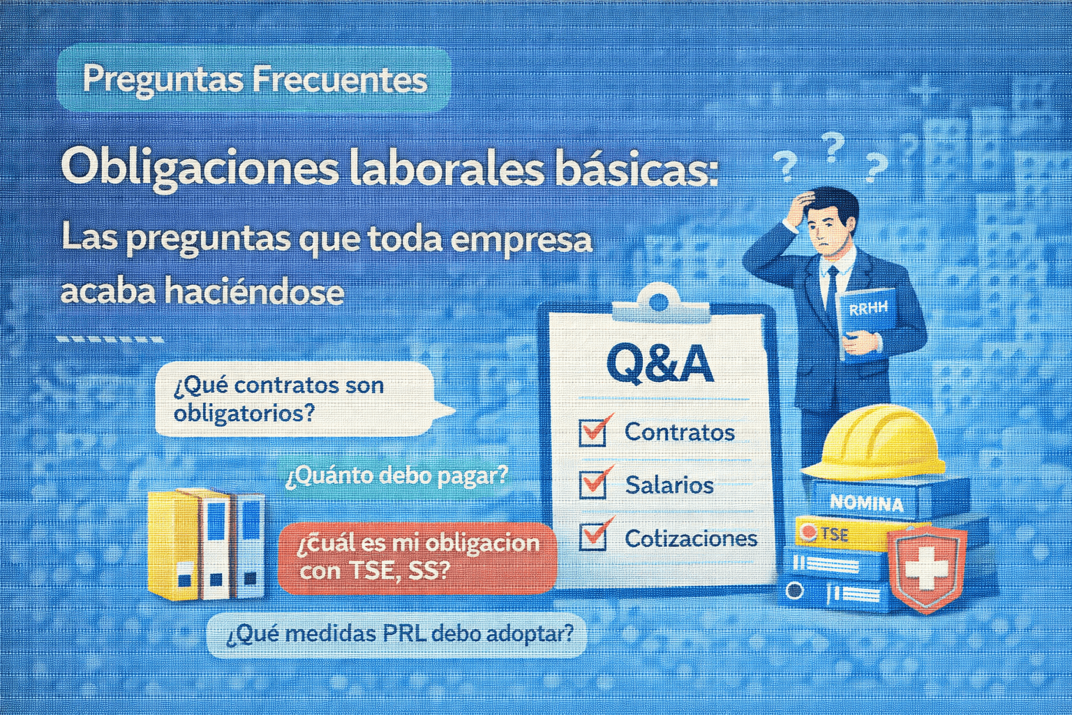 Ilustración vectorial con preguntas frecuentes sobre obligaciones laborales básicas en una empresa, incluyendo contratos, salarios y cotizaciones.