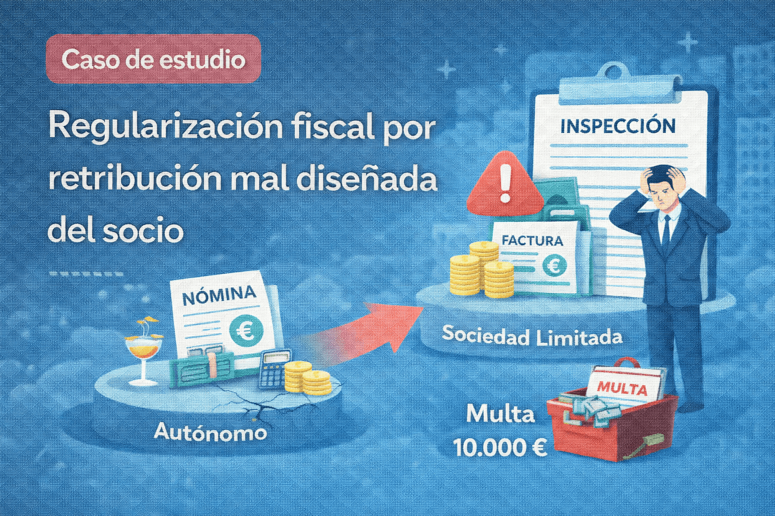 Ilustración vectorial de un caso de error fiscal por una retribución mal diseñada del socio, con inspección, sanción y corrección tributaria.