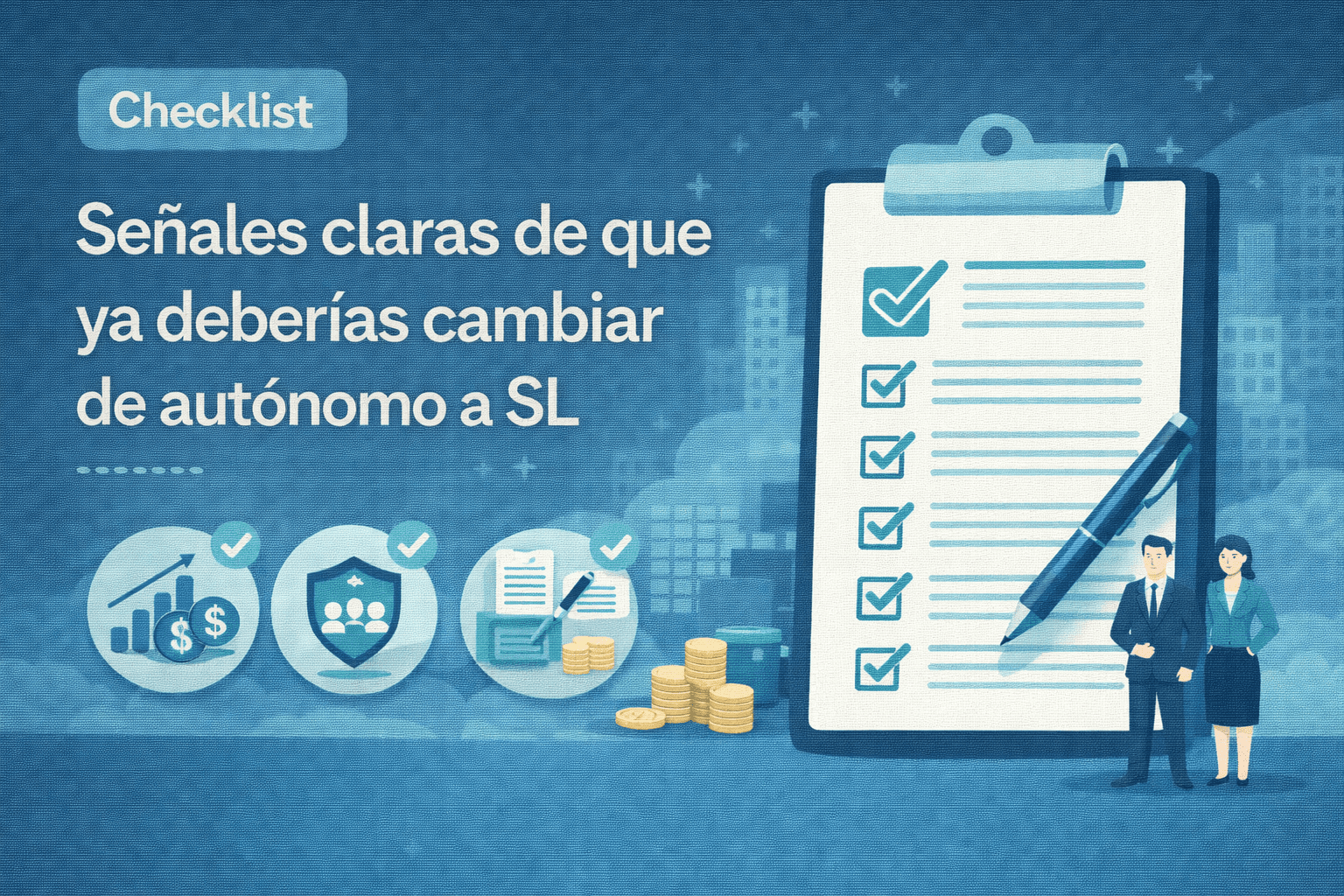 Ilustración vectorial tipo checklist con señales claras para cambiar de autónomo a sociedad limitada, con iconos de crecimiento, fiscalidad y protección empresarial.