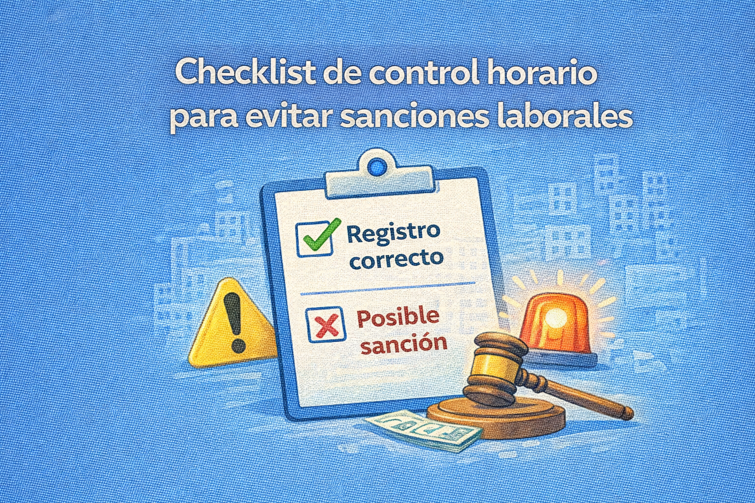 Ilustración vectorial simple tipo checklist sobre control horario en empresas para evitar sanciones laborales.