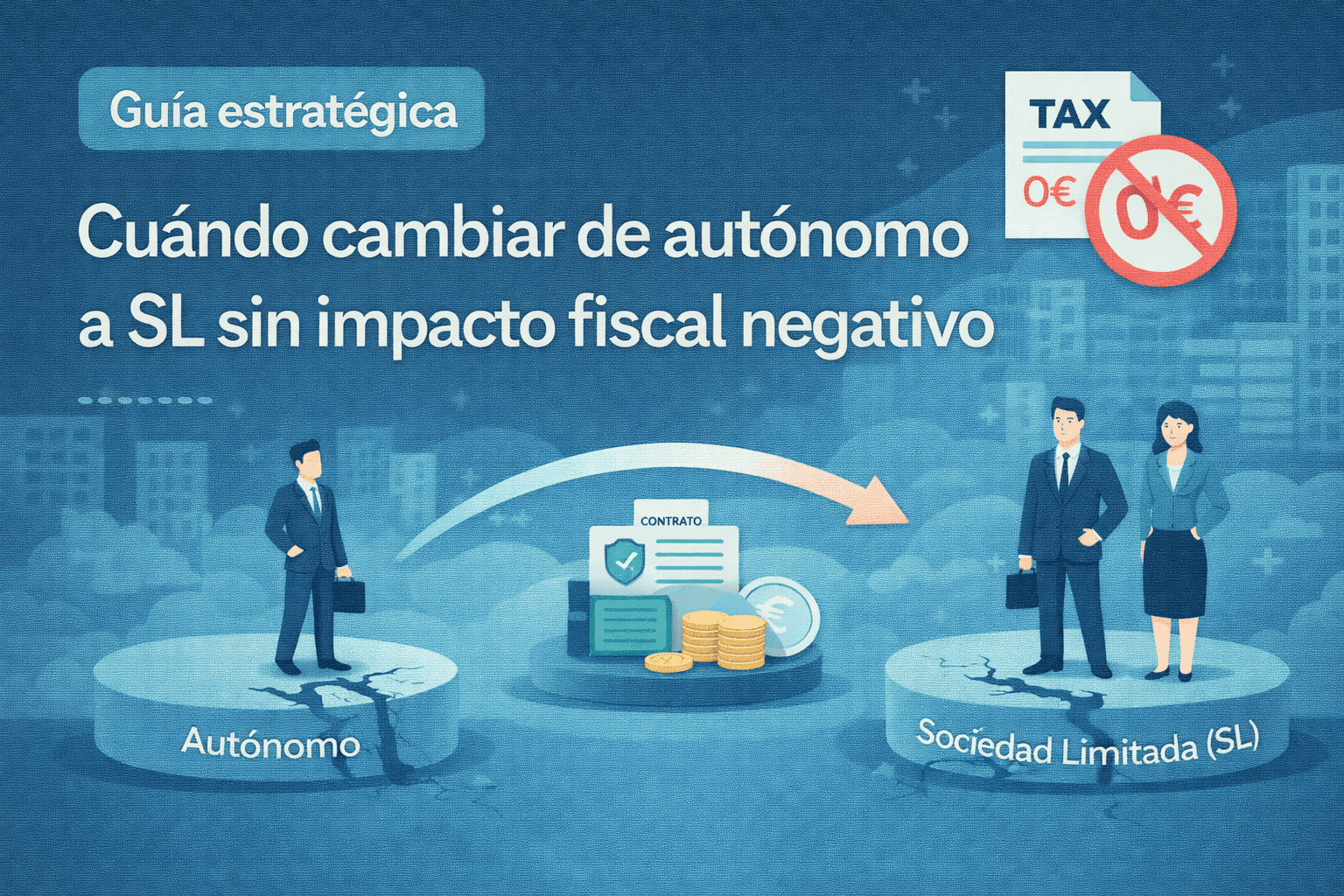 Ilustración vectorial que muestra la transición de autónomo a sociedad limitada con protección fiscal, contratos y símbolos de estabilidad empresarial.