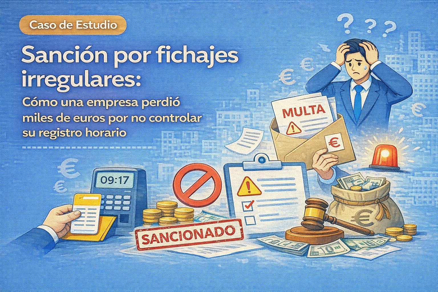 Ilustración vectorial de una sanción por fichajes irregulares en una empresa, mostrando multa, registro horario incorrecto y consecuencias económicas.