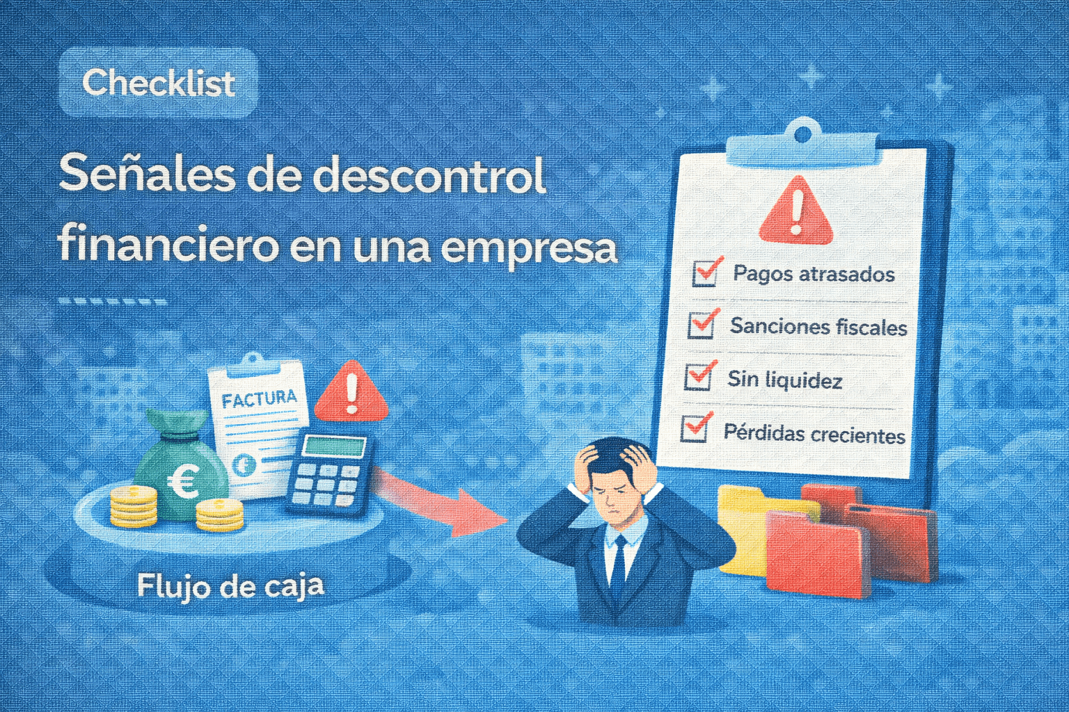 Ilustración vectorial tipo checklist con señales de descontrol financiero empresarial, mostrando problemas de liquidez, pagos atrasados y pérdidas.