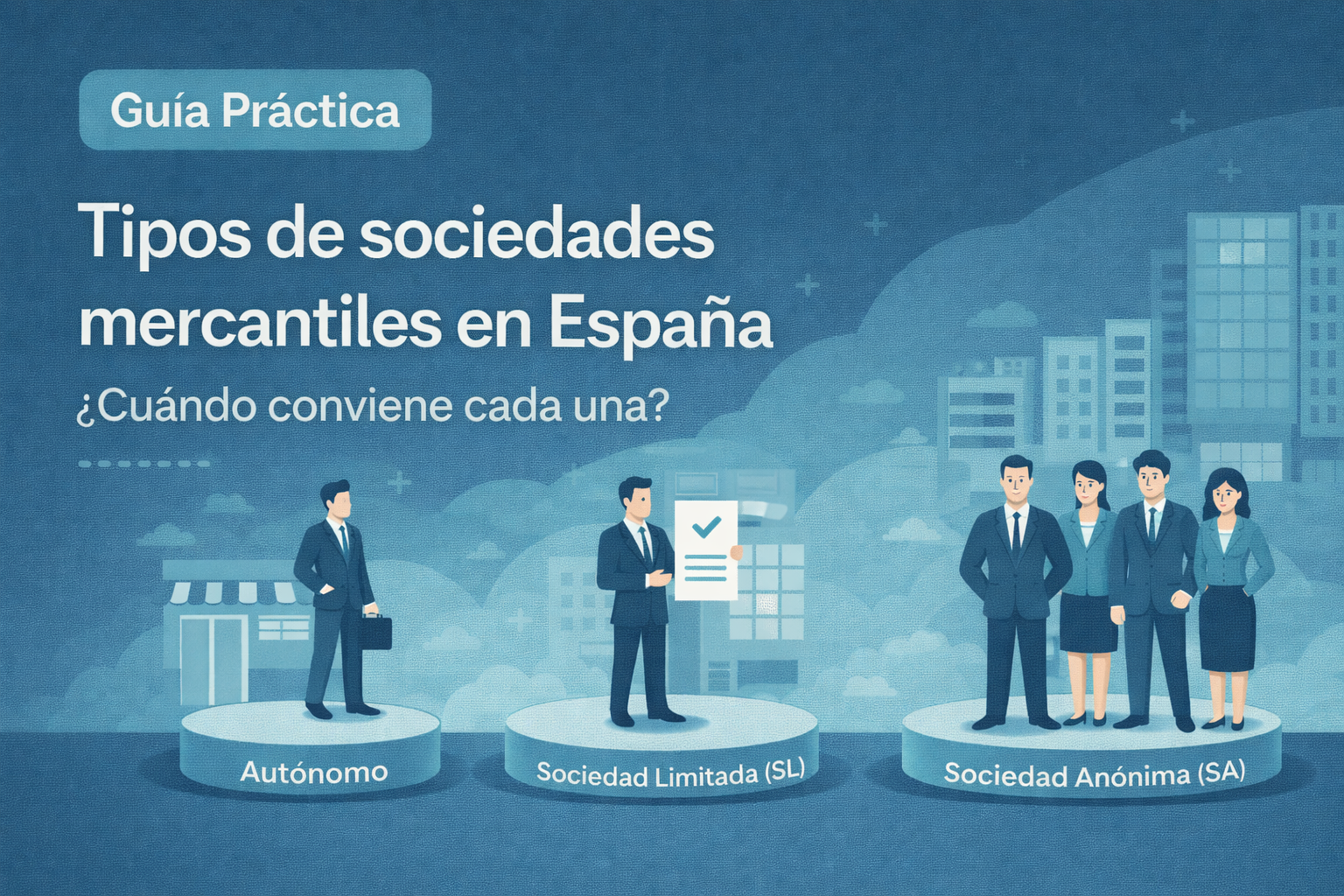Ilustración vectorial que compara los tipos de sociedades mercantiles en España, como autónomo, sociedad limitada y sociedad anónima, en un entorno corporativo.