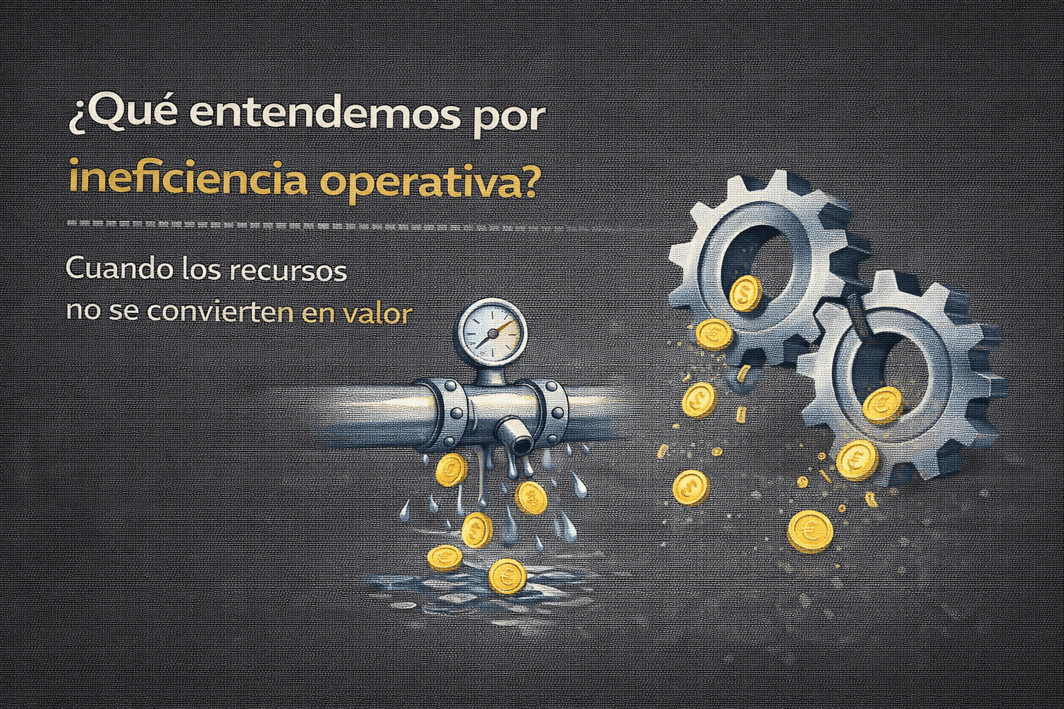 Ilustración vectorial que muestra la ineficiencia operativa en una empresa mediante fugas de recursos y pérdida de valor económico.