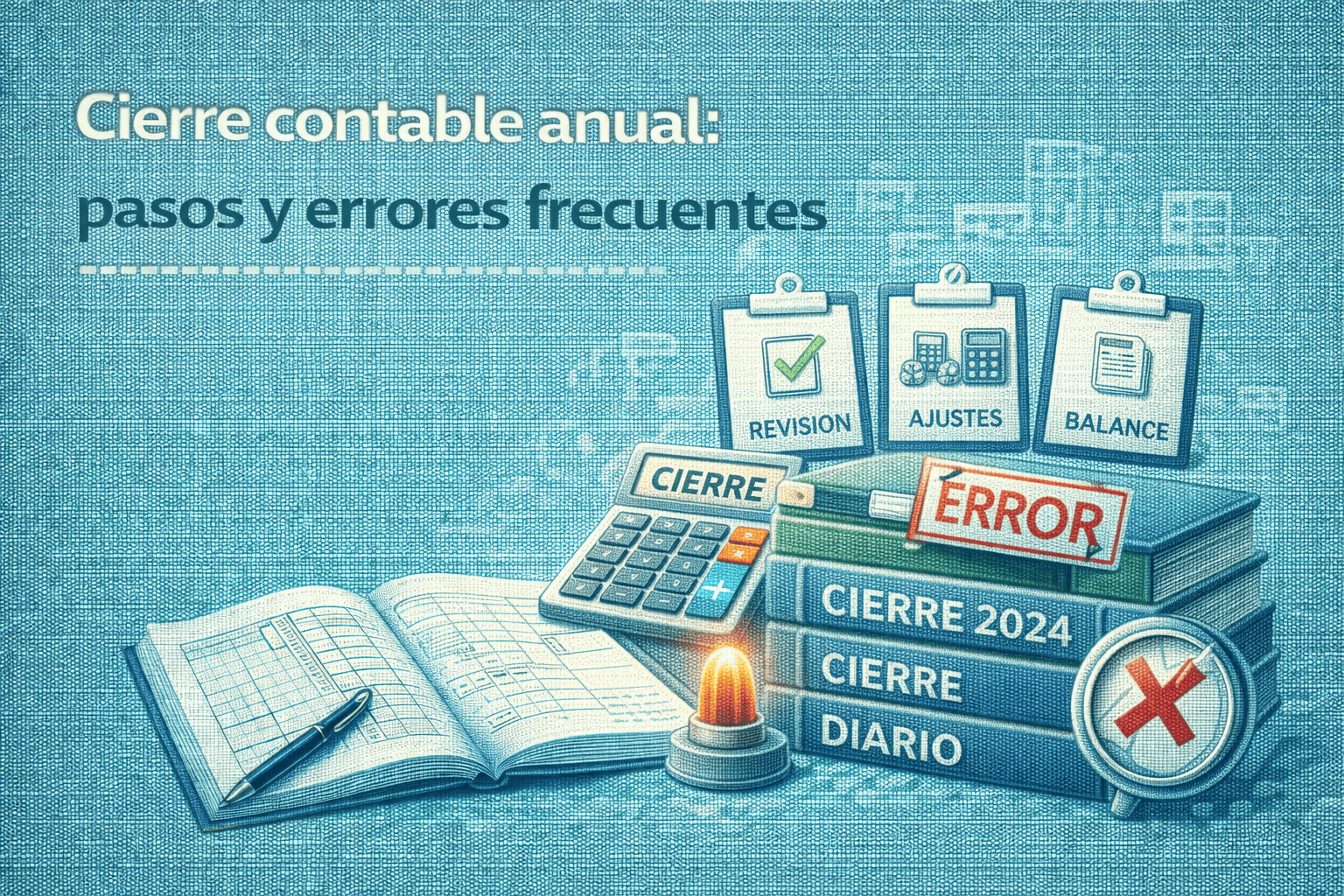 Ilustración vectorial sobre el cierre contable anual con revisión, ajustes y balance, destacando errores frecuentes en el proceso.
