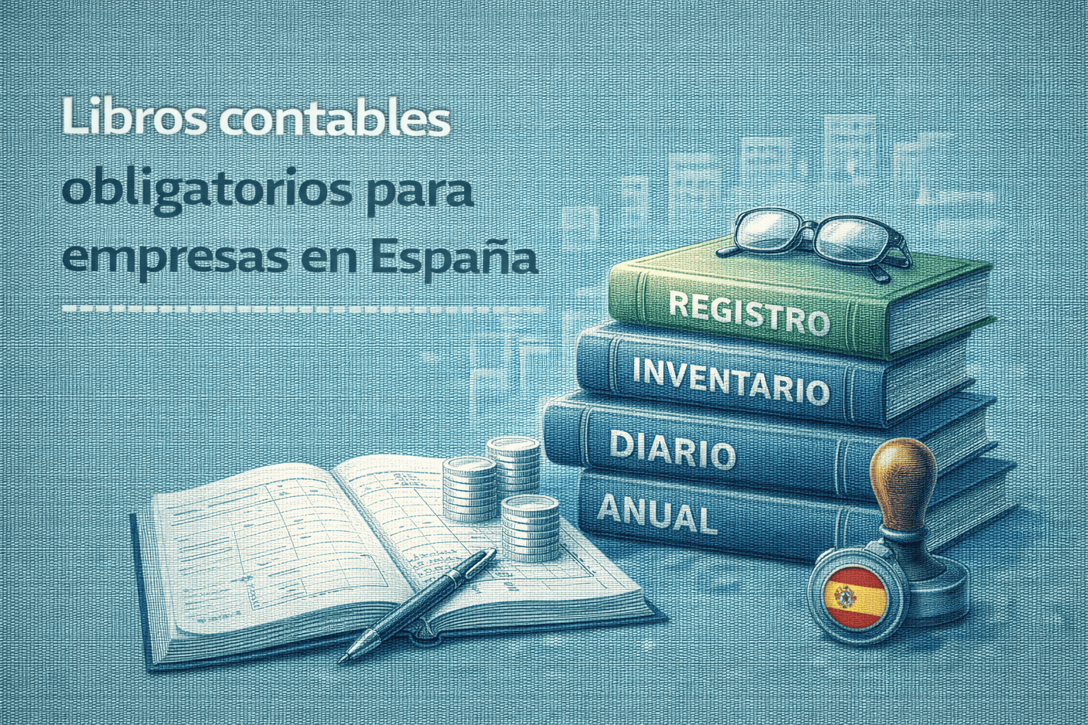 Ilustración vectorial sobre libros contables obligatorios en España, incluyendo libro diario, inventario y cuentas anuales.