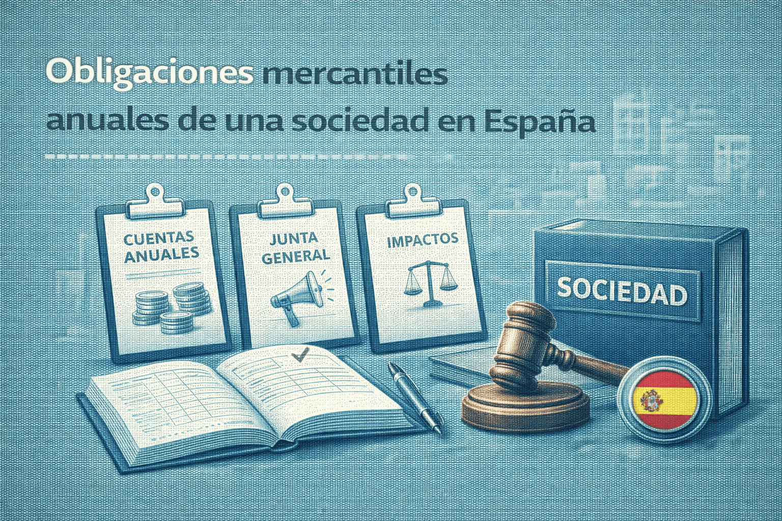 Ilustración vectorial sobre las obligaciones mercantiles anuales de una sociedad en España, incluyendo cuentas anuales y junta general.